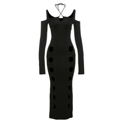 Hollow out long sleeve halter cross front self tie maxi dress  | black rave dress