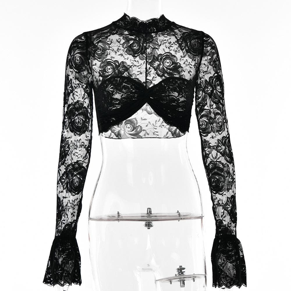 Sheer mesh see through solid flared sleeve ruched crop top