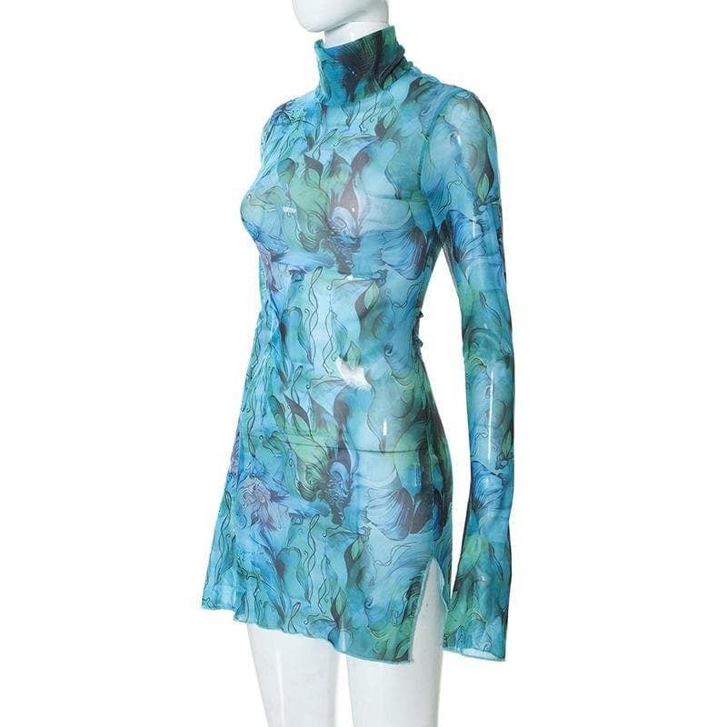 Sheer mesh see through print high neck slit long sleeve mini dress  | samba dress