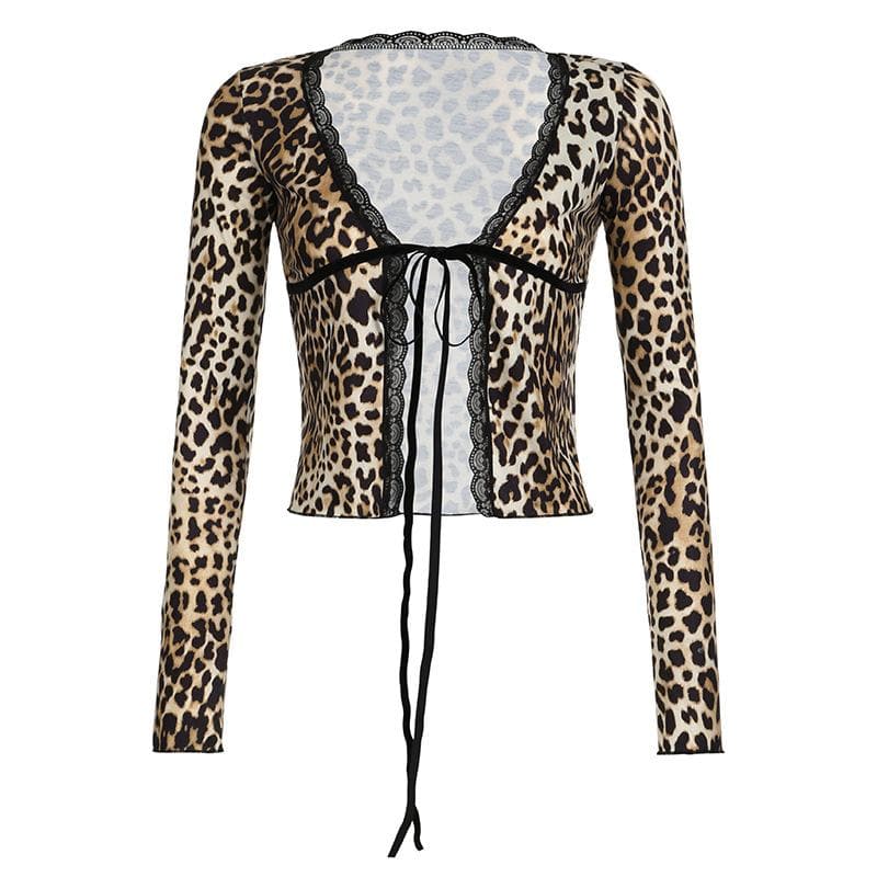 Long sleeve lace hem leopard print ruffle self tie top