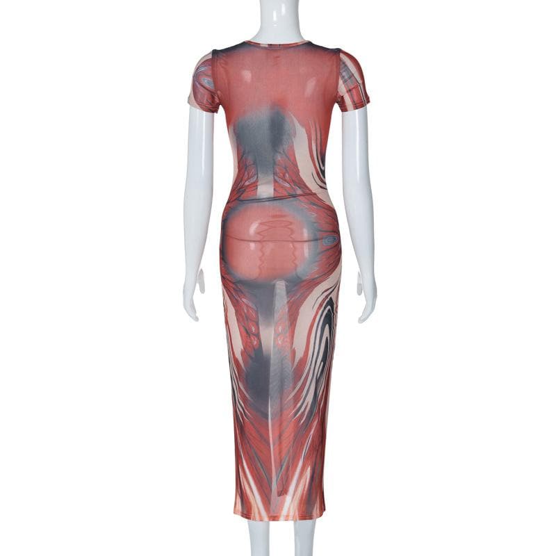 Short sleeve crewneck sheer mesh high slit print midi dress  | samba dress