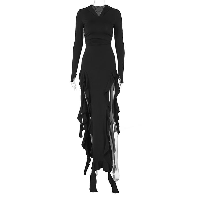 Long sleeve hoodie gloves ruffle maxi dress  | red tango dress