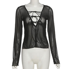 Long sleeve v neck sheer mesh self tie slit top