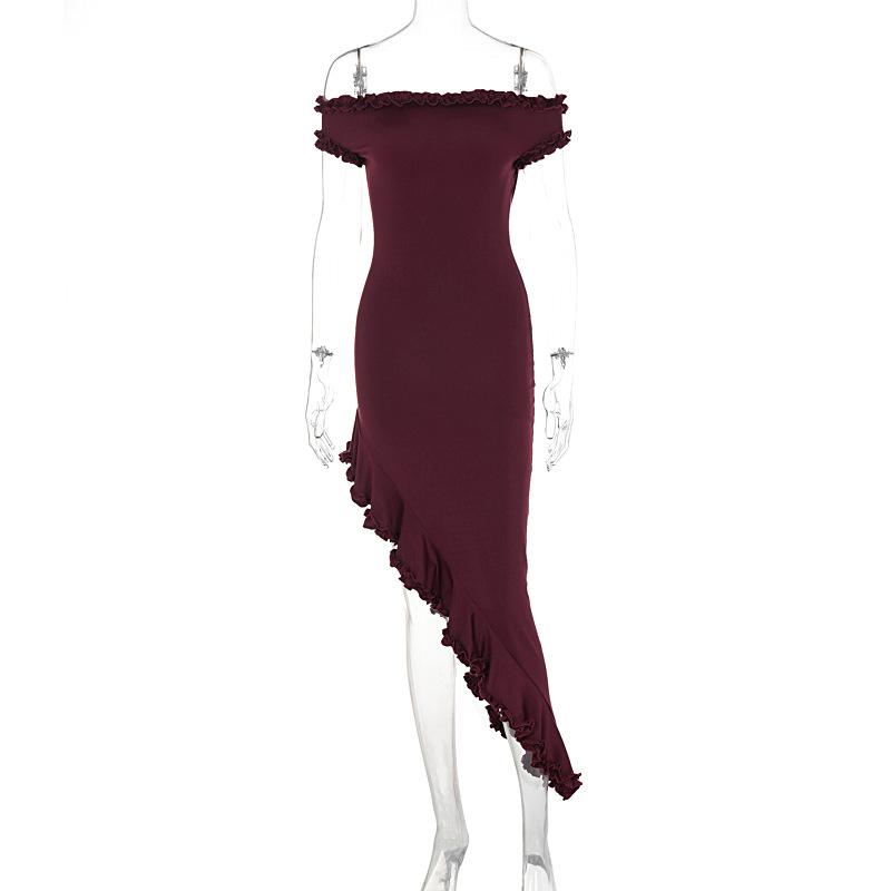 Short sleeve off shoulder ruffle irregular midi dress  | red tango dress
