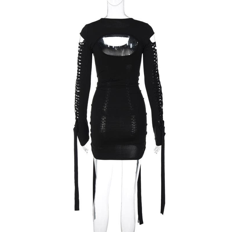 Hollow out solid long sleeve shrug ribbon u neck 2 piece dress  | red tango dress