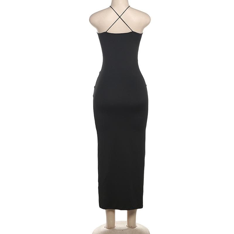 Hollow out cross front backless cami cut out maxi dress  | black rave dress