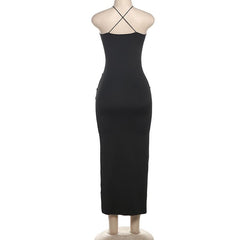 Hollow out cross front backless cami cut out maxi dress  | black rave dress