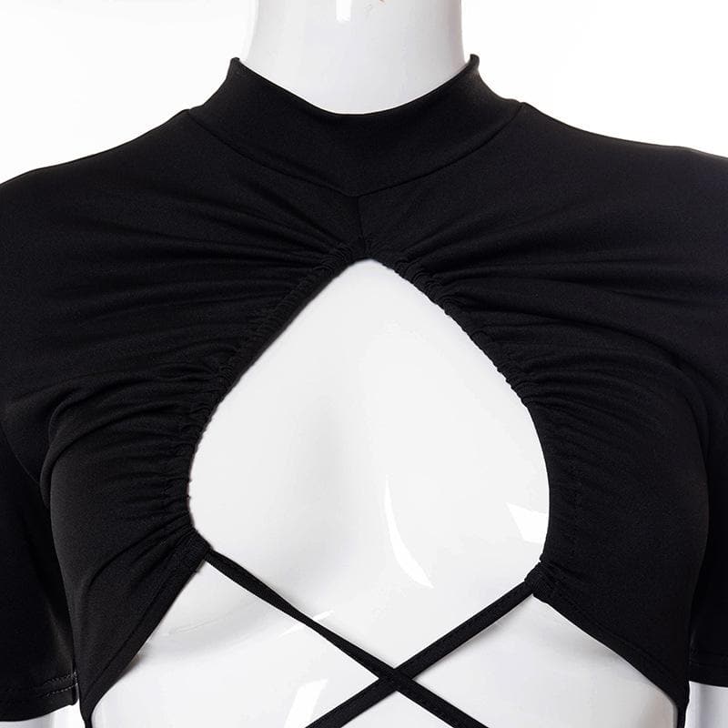 Short sleeve high neck ruched lace up hollow out bodysuit