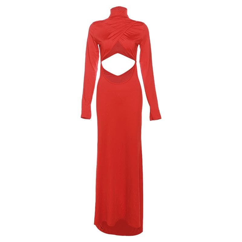 Hollow out solid long sleeve high neck zip-up maxi dress  | red tango dress