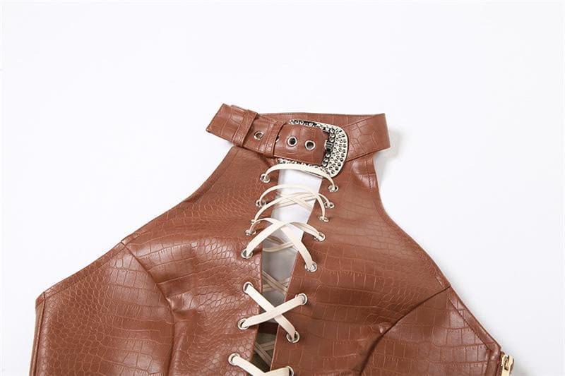 Lace up PU leather contrast halter buckle backless top