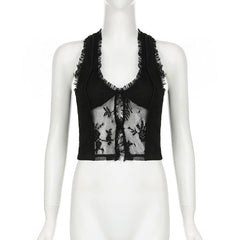 U neck lace ruffle hollow out tank cut out top