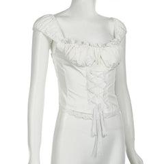 Cap sleeve lace hem lace up ruched top