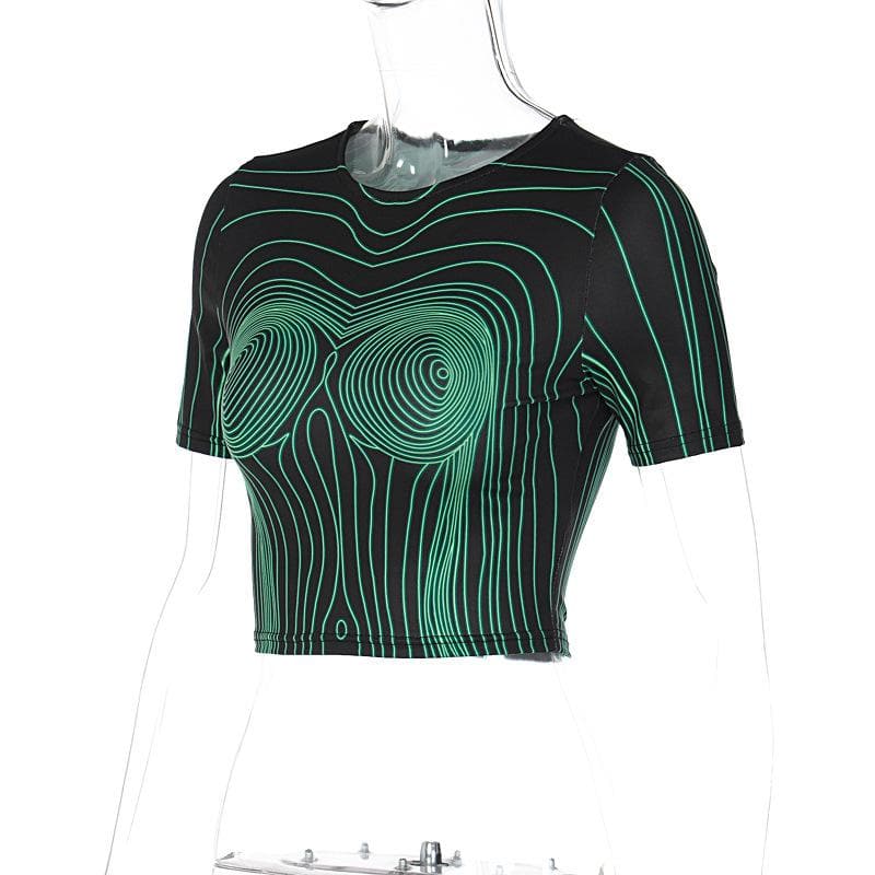Short sleeve round neck contrast abstract print crop top