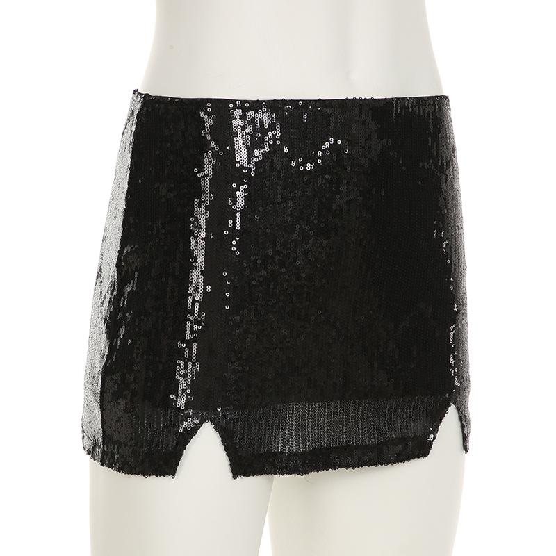 Glitter slit knitted mini skirt