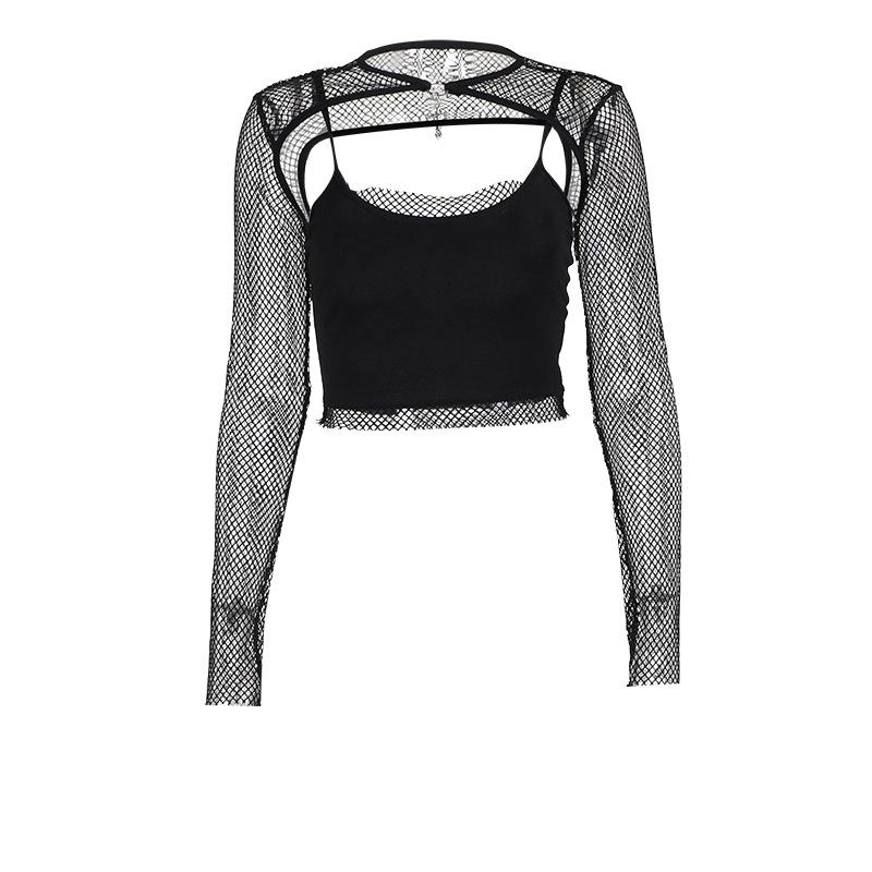 Long sleeve fishnet shrug cross applique 2 piece top