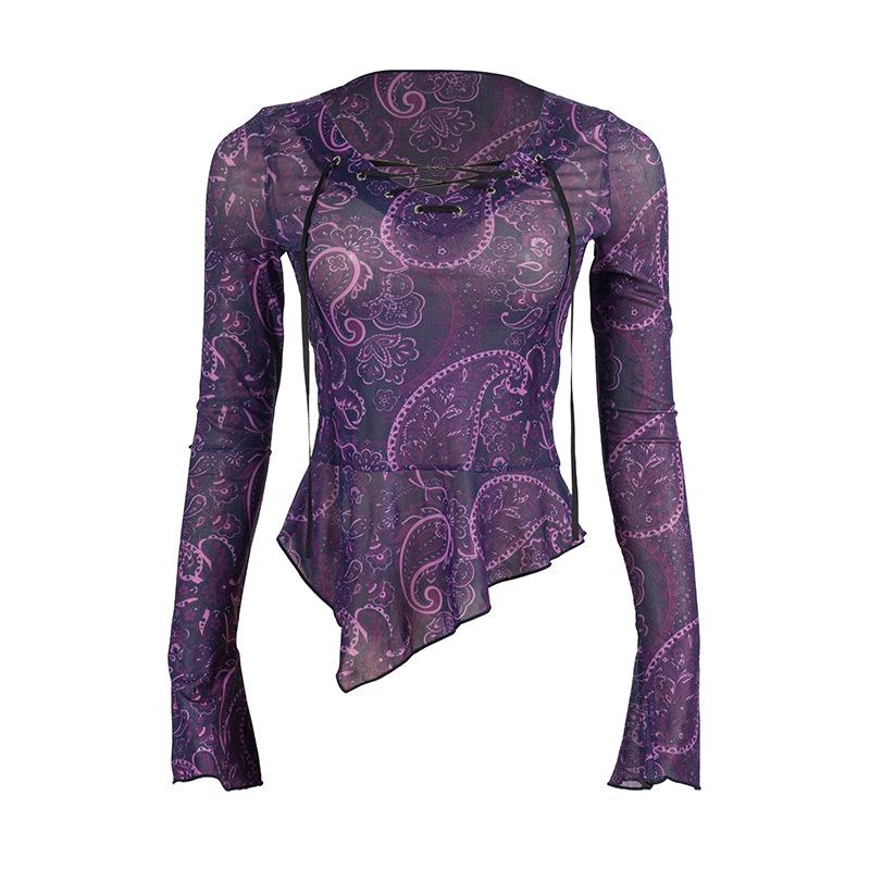 Long flared sleeve print lace up irregular sheer mesh ruffle top