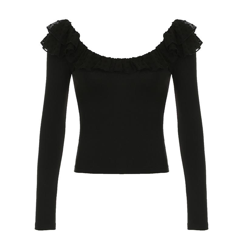 Long sleeve ruffle mesh patchwork top