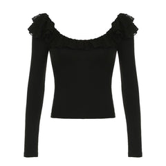 Long sleeve ruffle mesh patchwork top