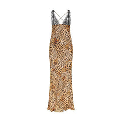 Cross back contrast leopard print v neck lace patchwork maxi dress  | red tango dress