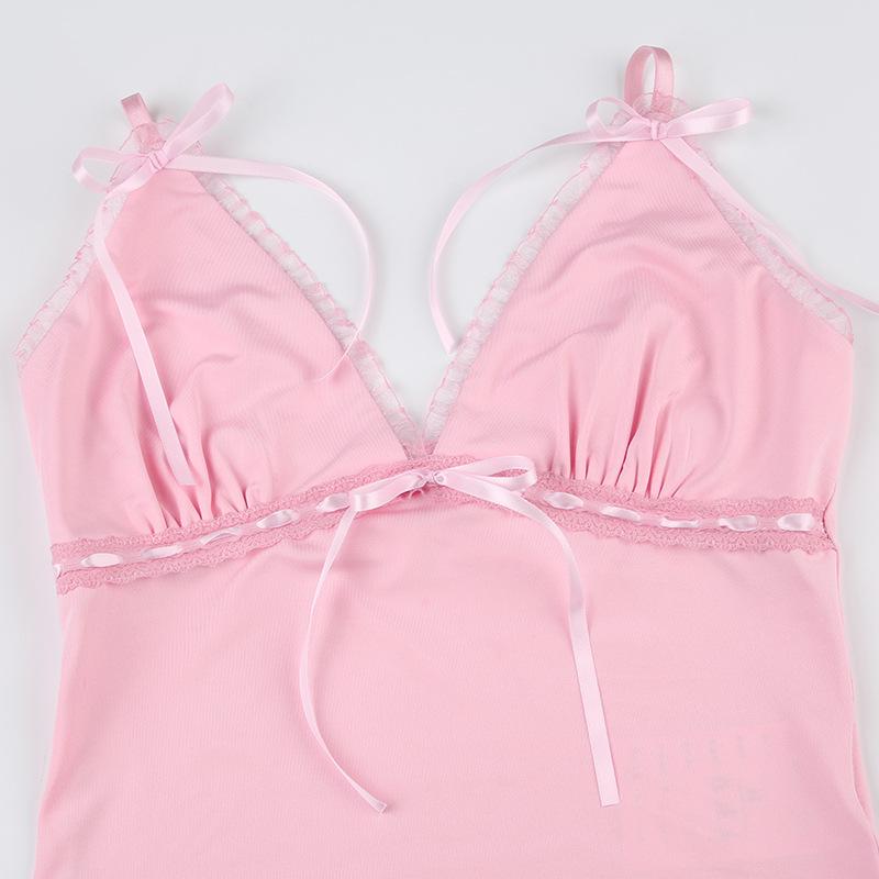 Ribbon bowknot lace hem v neck cami top