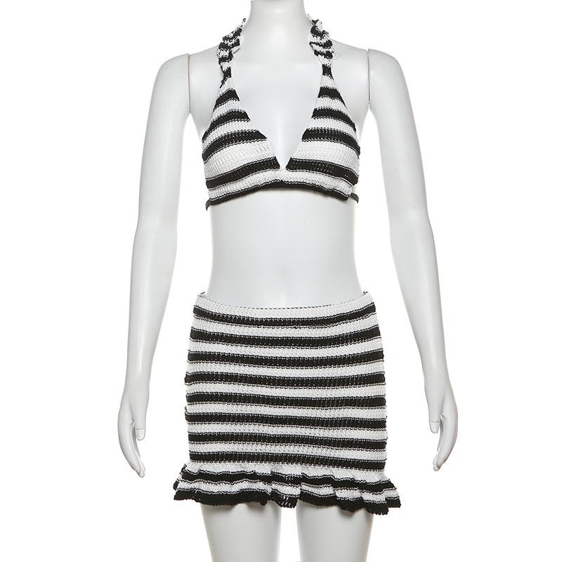 Halter v neck striped knitted ruffle mini skirt set
