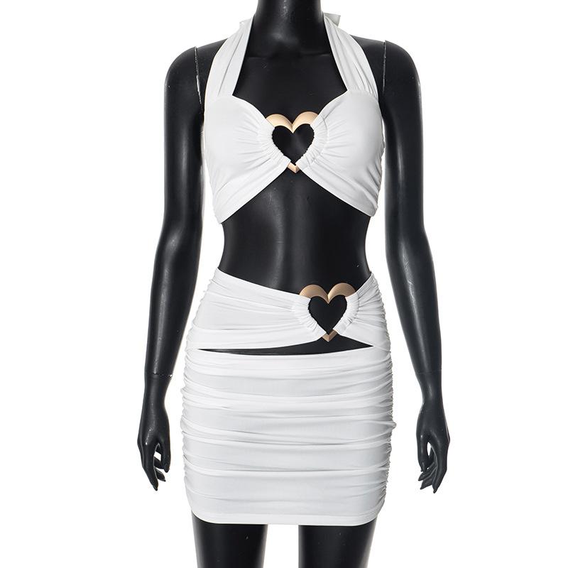 Halter hollow out sweetheart ring mini skirt set