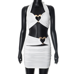 Halter hollow out sweetheart ring mini skirt set