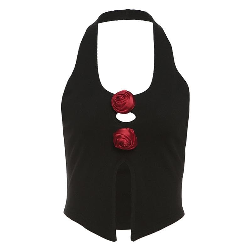 Halter u neck flower applique hollow out crop cut out top