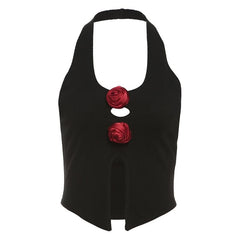 Halter u neck flower applique hollow out crop cut out top