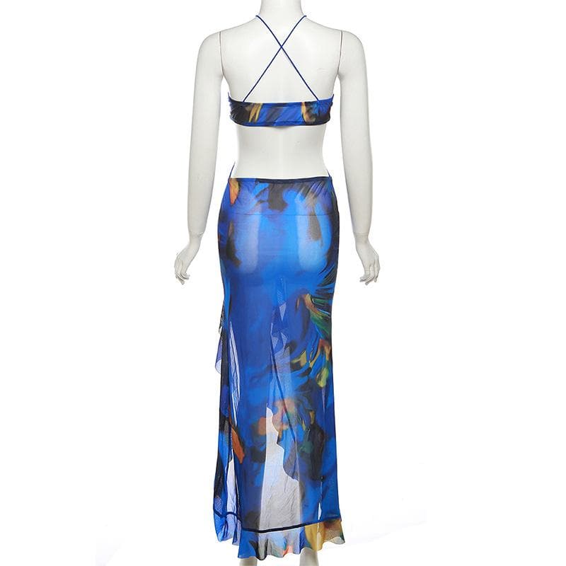 Cross front backless sheer mesh see through slit contrast print maxi dress  | samba dress