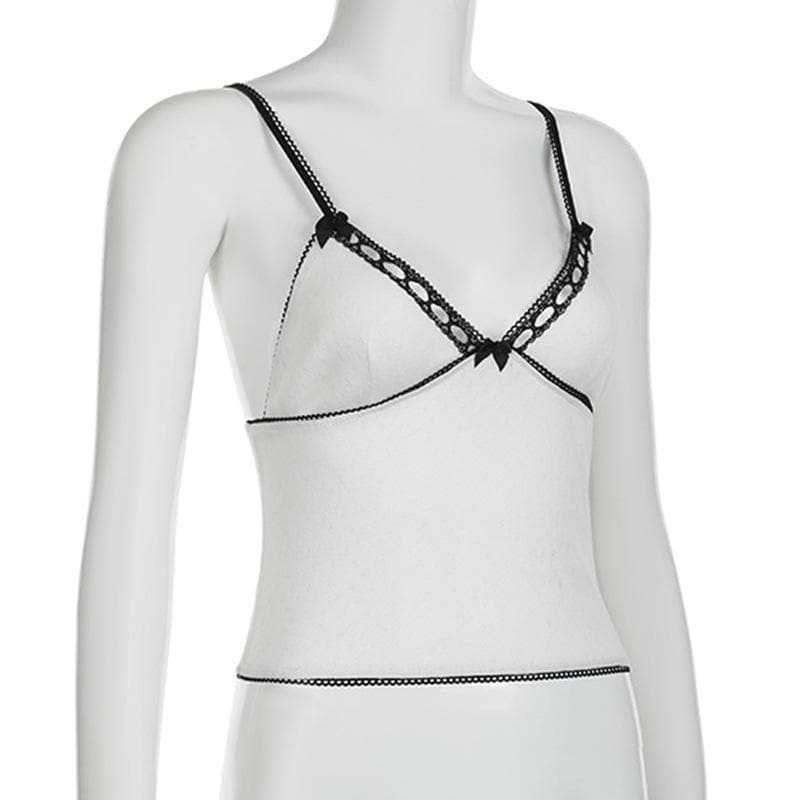 V neck bowknot lace hem backless cami top