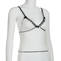 V neck bowknot lace hem backless cami top