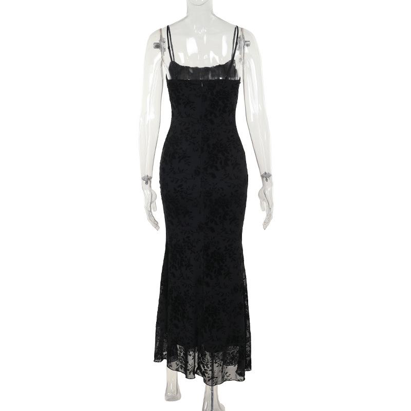 Ruched backless mesh zip-up cami maxi dress
