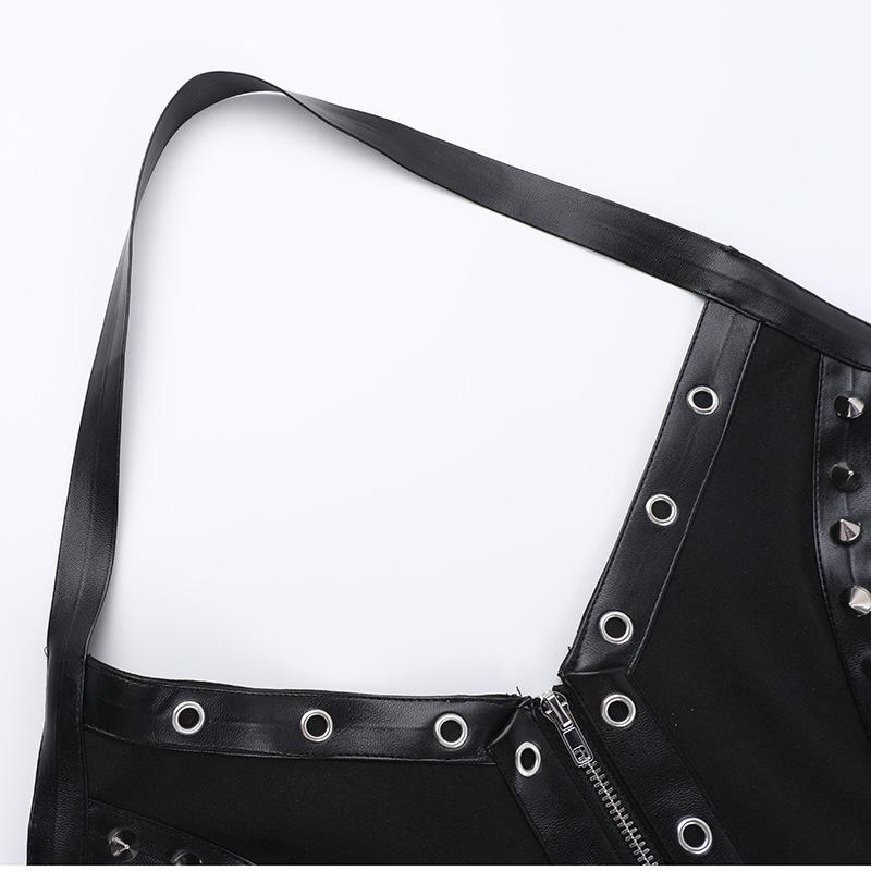 Halter zip-up rivet o ring v neck top