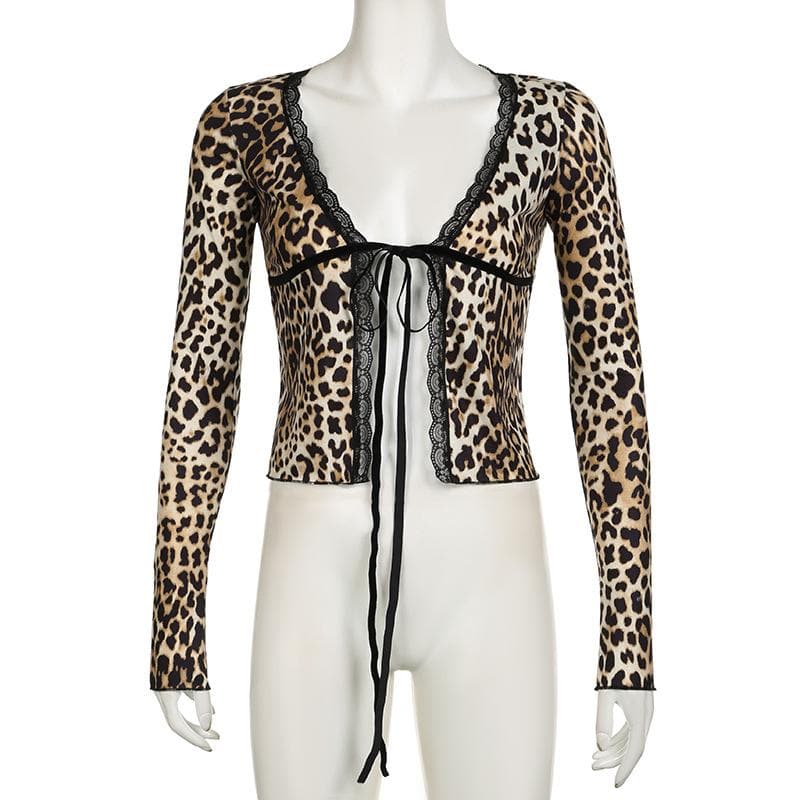 Long sleeve lace hem leopard print ruffle self tie top