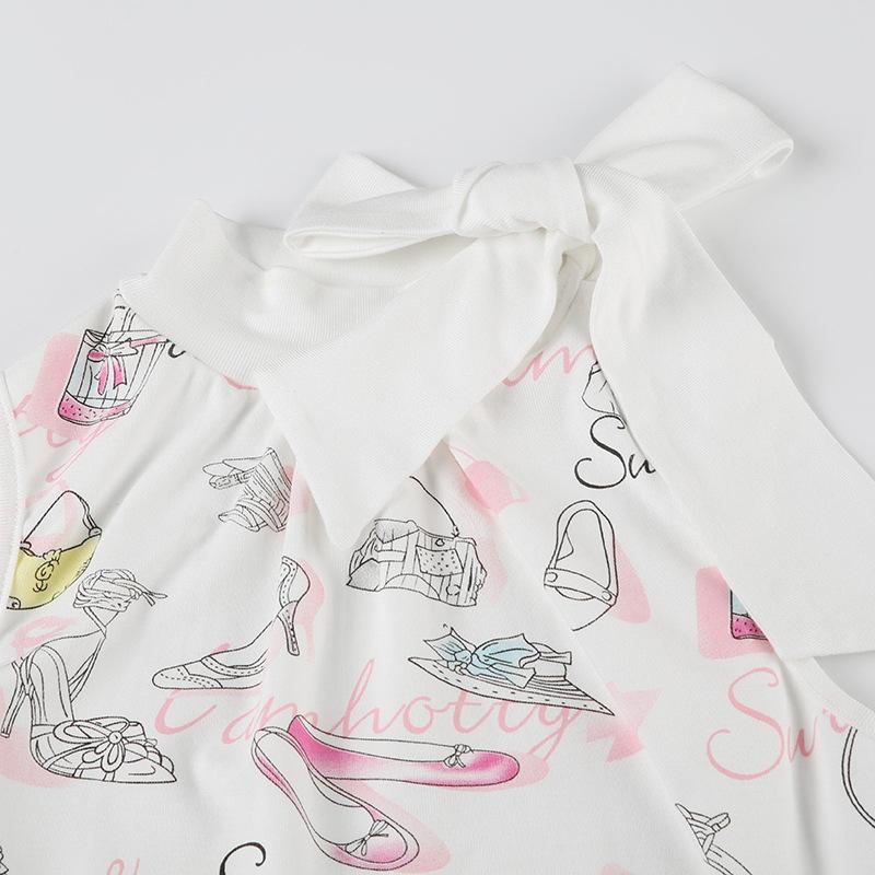 Sleeveless bowknot print crop top