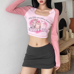 Long sleeve cat pattern notch neck stitch ribbed contrast crop top