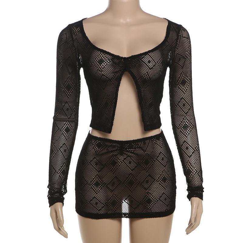 See through hollow out slit long sleeve mini skirt set