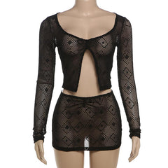 See through hollow out slit long sleeve mini skirt set