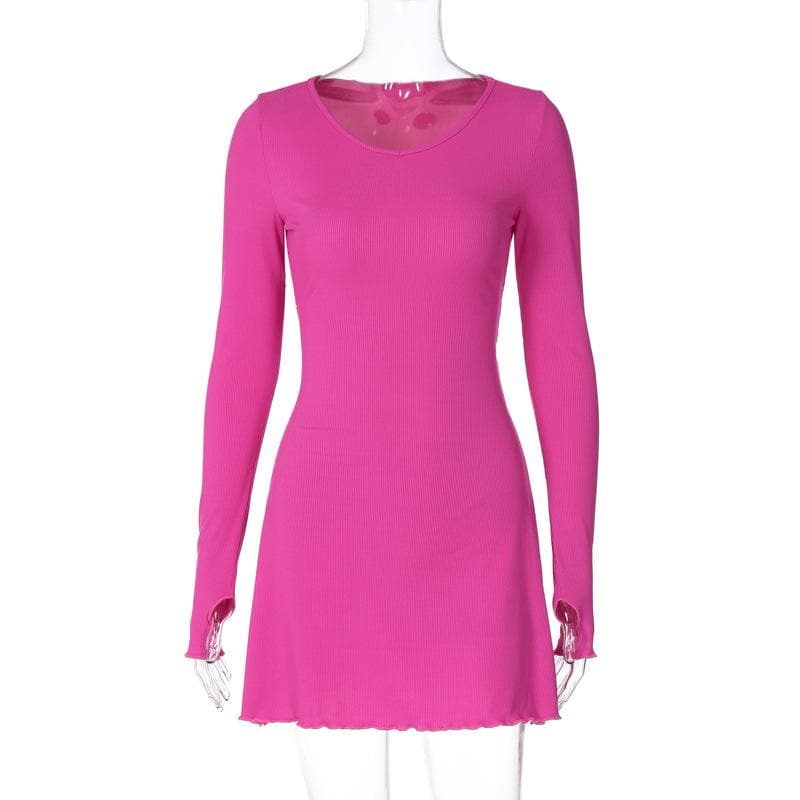 Ribbed solid long sleeve gloves lace up ruffle mini dress  | red tango dress