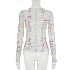 Crewneck long sleeve flower print top