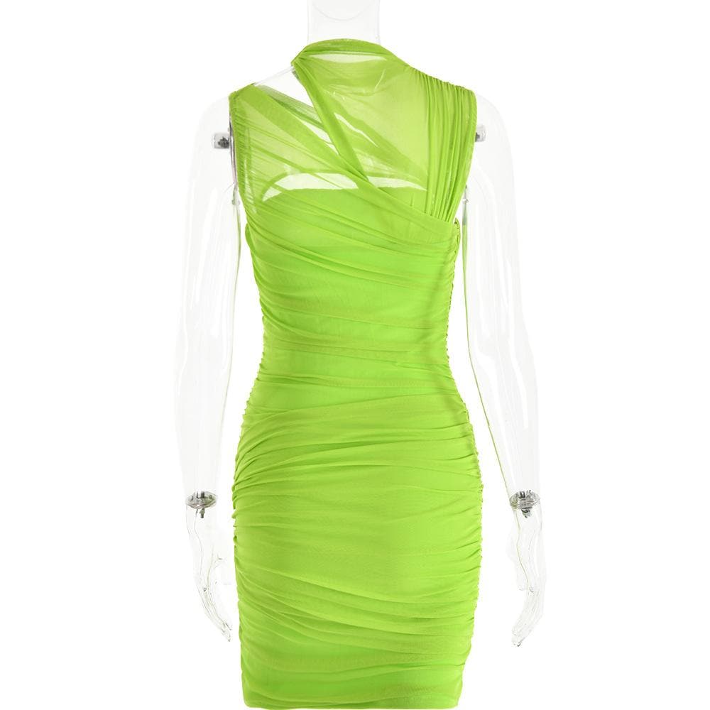 Sleeveless irregular hollow out mesh knotted ruched mini dress