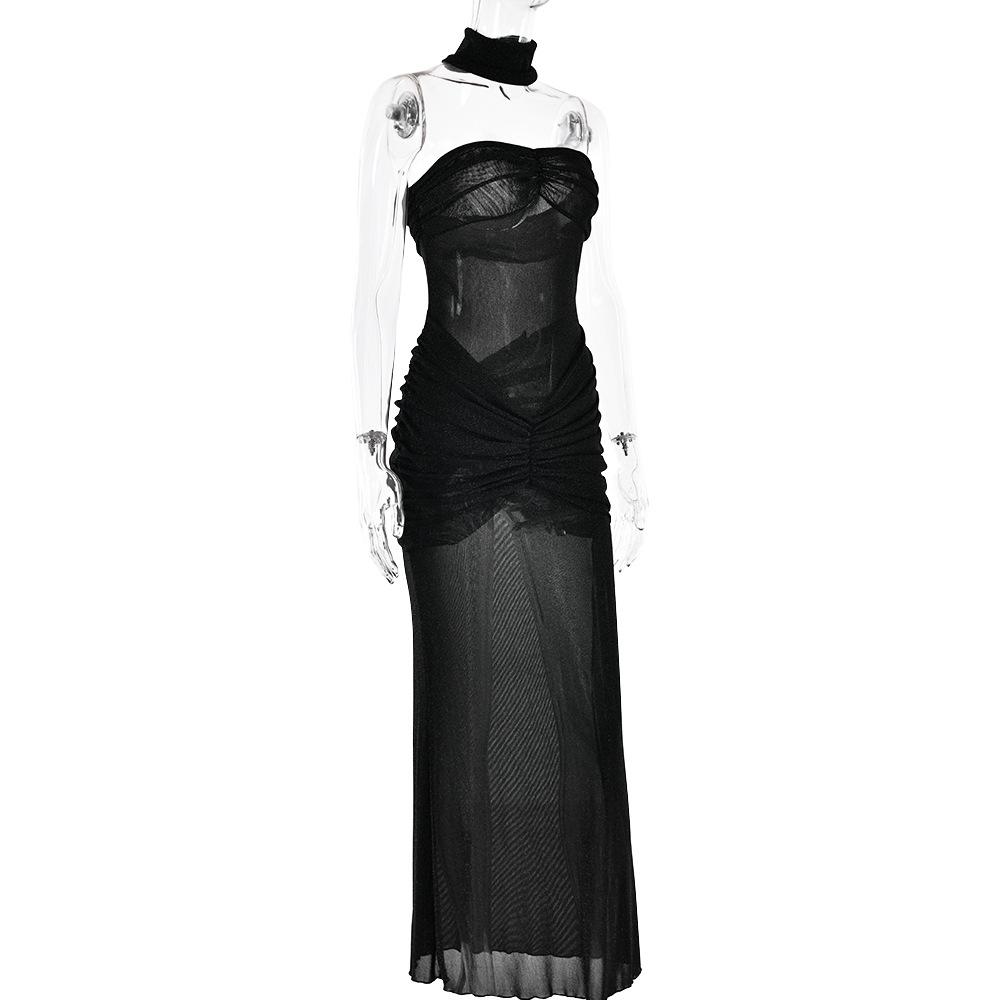 Sweetheart neck ruched see through glitter tube maxi dress