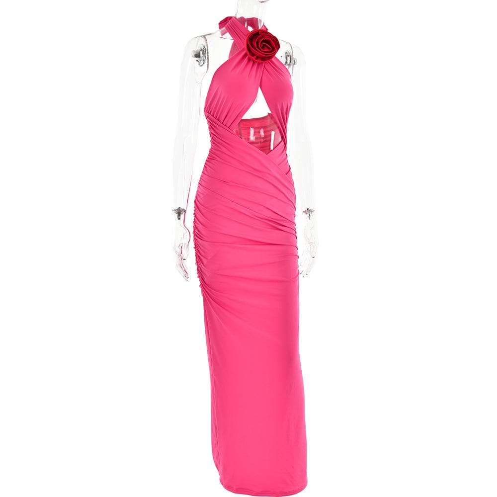 Ruched halter flower applique hollow out cross front contrast maxi dress  | red tango dress  | black rave dress