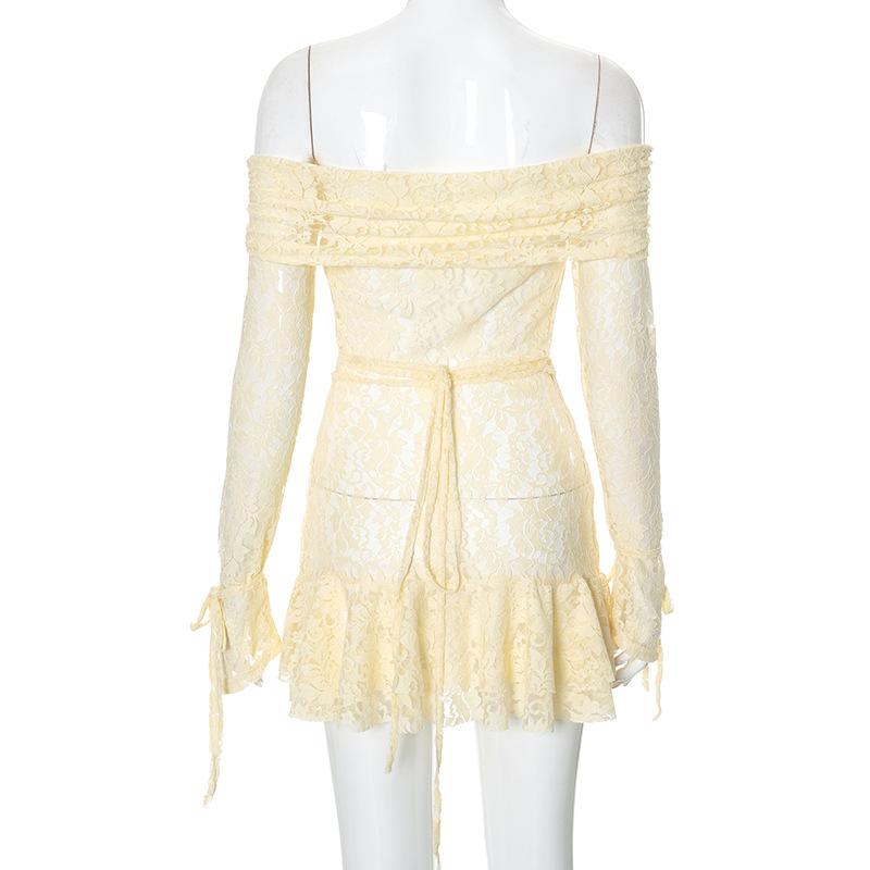 Long sleeve off shoulder lace self tie hollow out mini dress