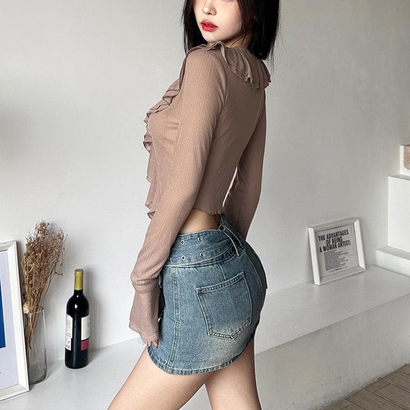 Self tie solid ruffle long flared sleeve v neck crop top