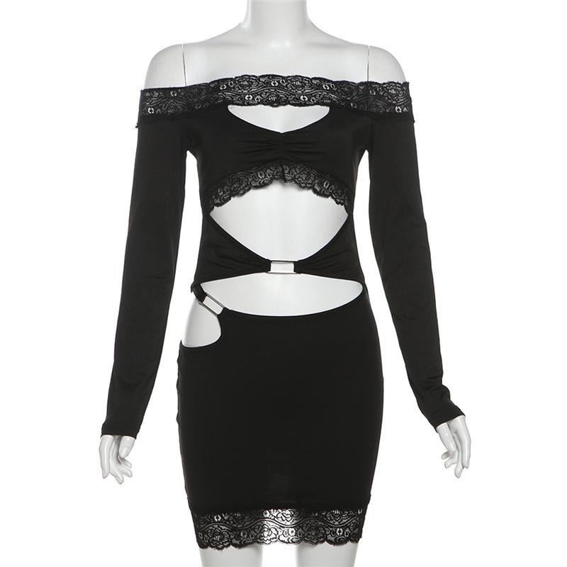 Long sleeve off shoulder lace hem hollow out mini dress