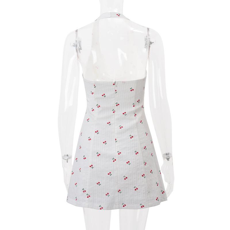 Halter v neck cherry print bowknot mini dress
