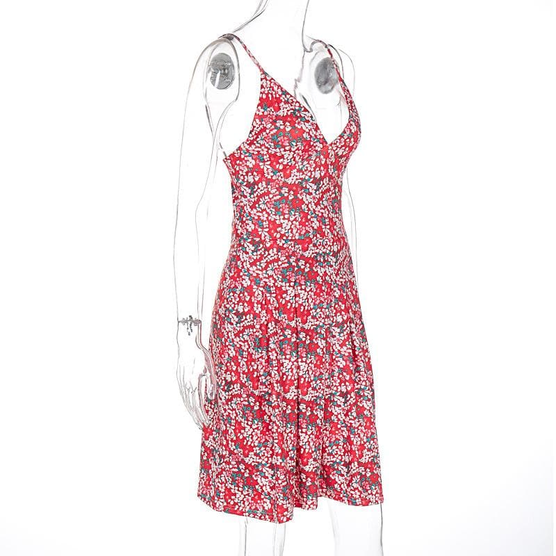 V neck flower print pleated cami mini dress