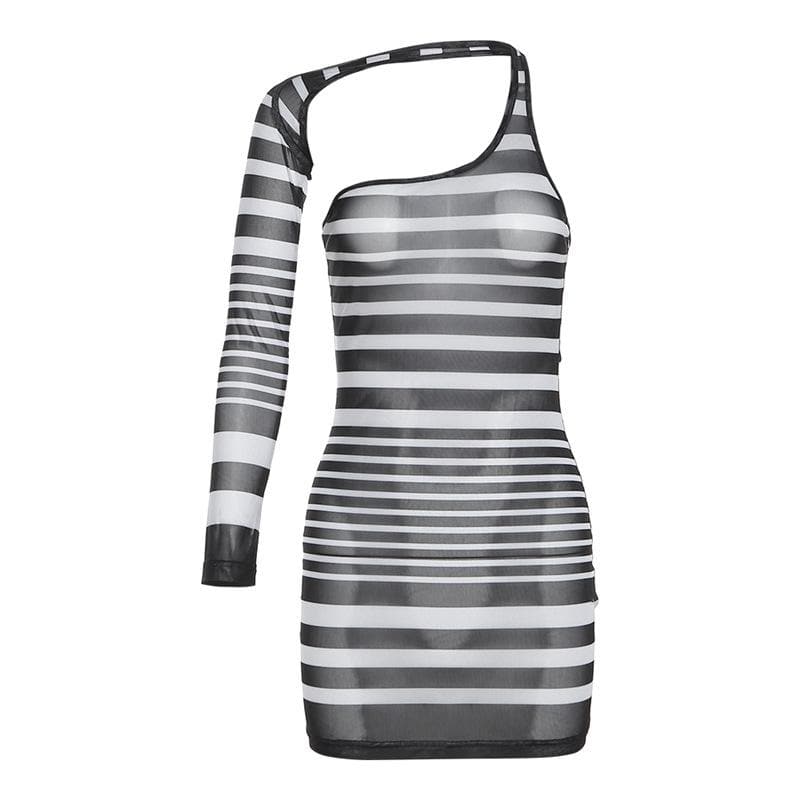 Irregular sheer mesh see through one shoulder striped mini dress  | samba dress